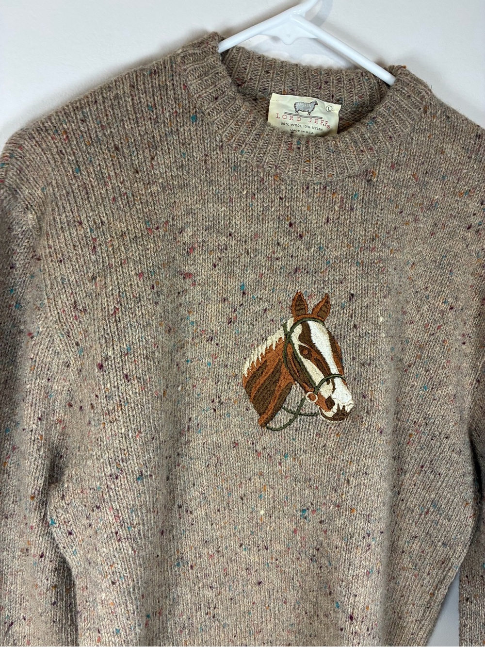 Vintage Lord Jeff Mountain Marls Horse Sweater, Embroidered, Wool, Tan, Large